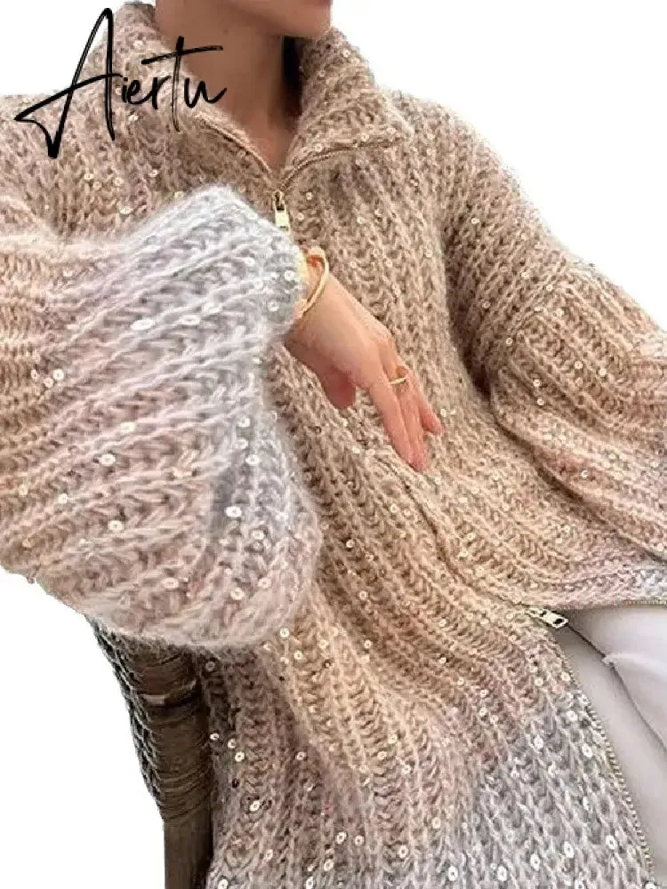 Black Friday Elegant Sequin Sweater Women Fashion Lurex Long Sleeve Loose Female Zipper Knit Cardigan 2023 Autumn Streetwear Lady Coat