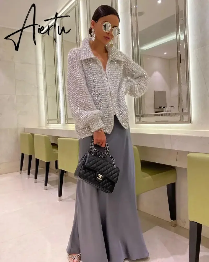 Black Friday Elegant Sequin Sweater Women Fashion Lurex Long Sleeve Loose Female Zipper Knit Cardigan 2023 Autumn Streetwear Lady Coat