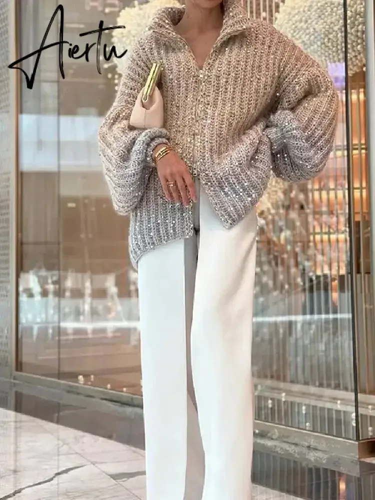 Black Friday Elegant Sequin Sweater Women Fashion Lurex Long Sleeve Loose Female Zipper Knit Cardigan 2023 Autumn Streetwear Lady Coat