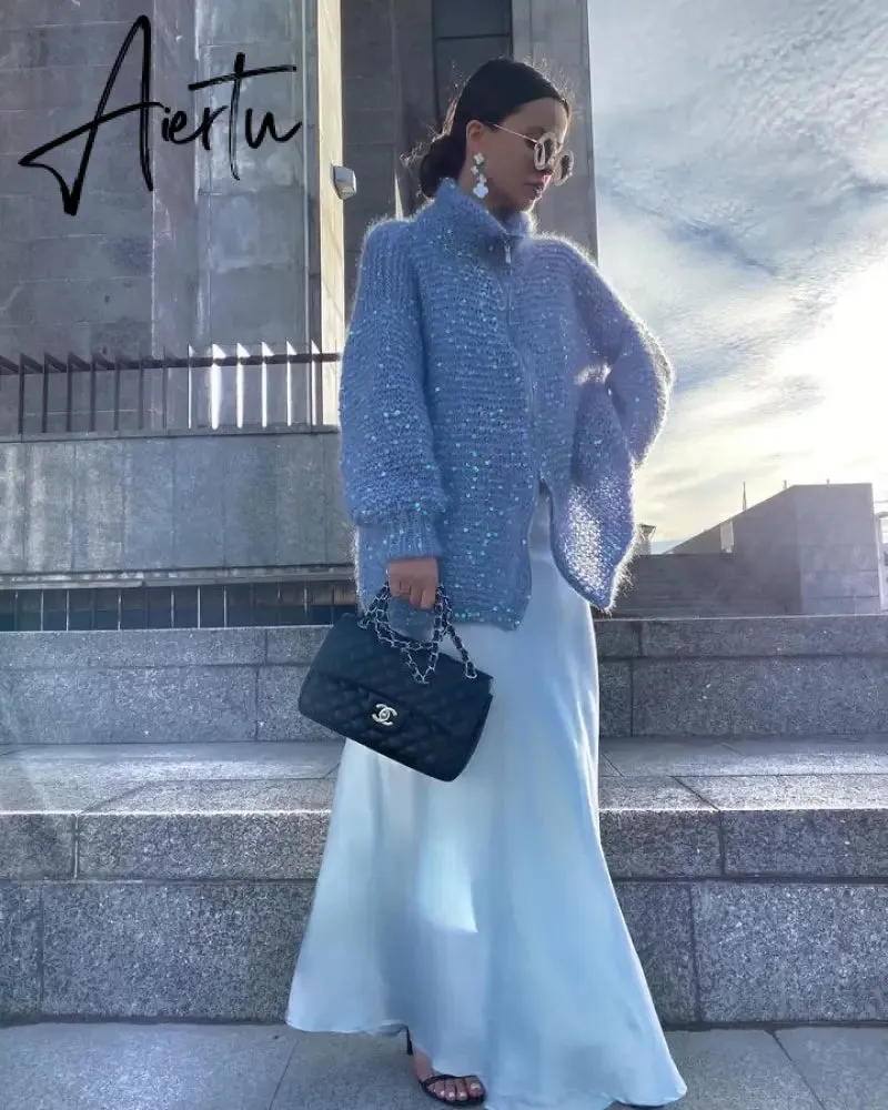 Black Friday Elegant Sequin Sweater Women Fashion Lurex Long Sleeve Loose Female Zipper Knit Cardigan 2023 Autumn Streetwear Lady Coat