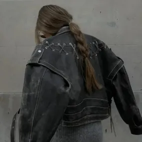 Black Friday Joskaa Retro Braid Leather Jacket Coat For Women Lace Up Splice Motorcycle Style Short Jackets Long Sleeve Slim Streetwear Coat