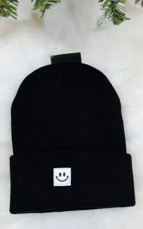 Black Smiley Face Patch Beanie