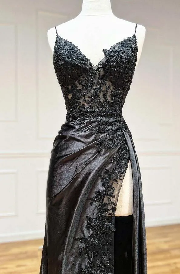 Black Spaghetti Straps Long Prom Dress  PC1249