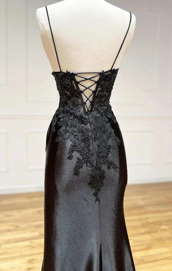 Black Spaghetti Straps Long Prom Dress  PC1249