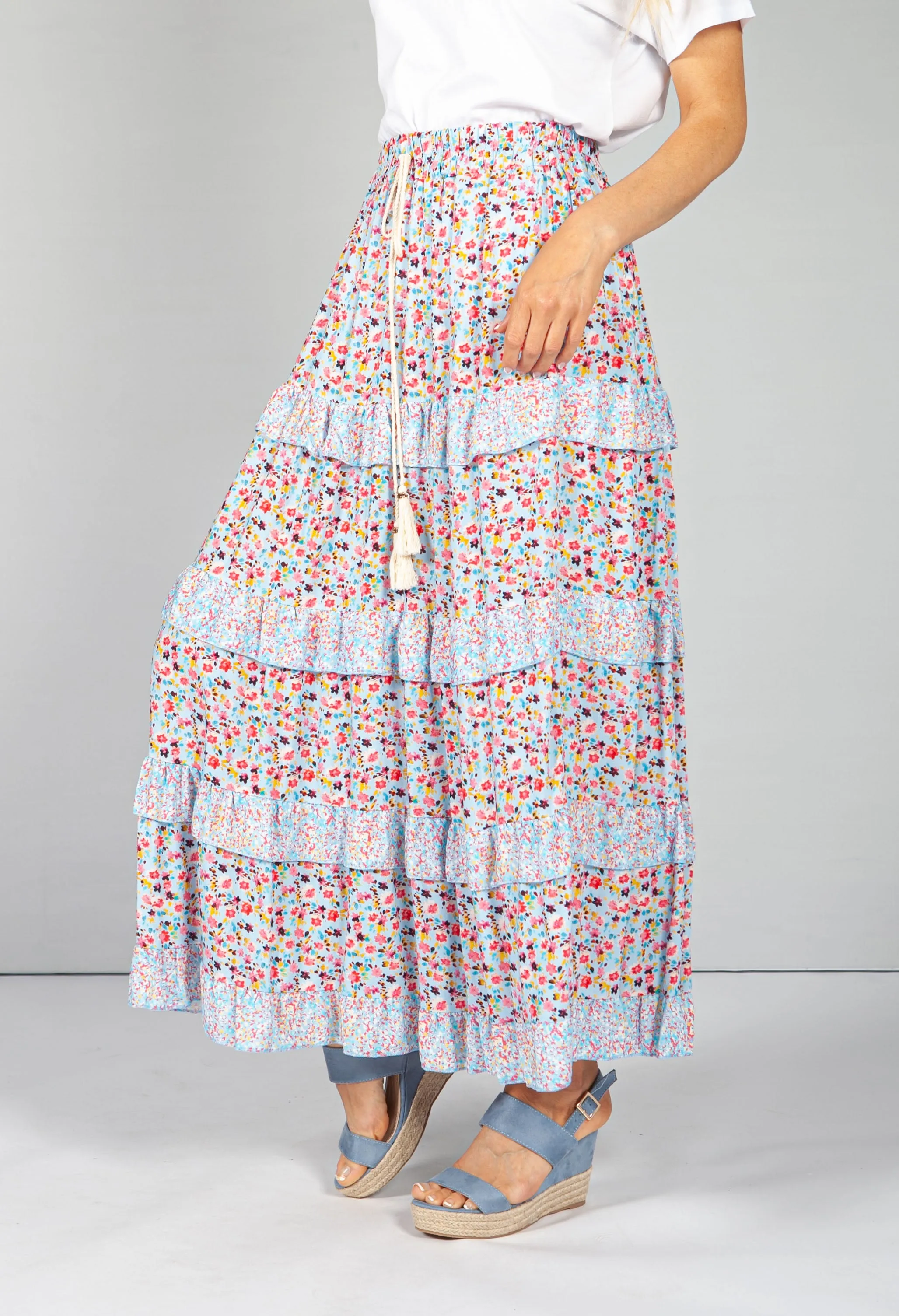 Blue & Pink Floral Maxi Skirt