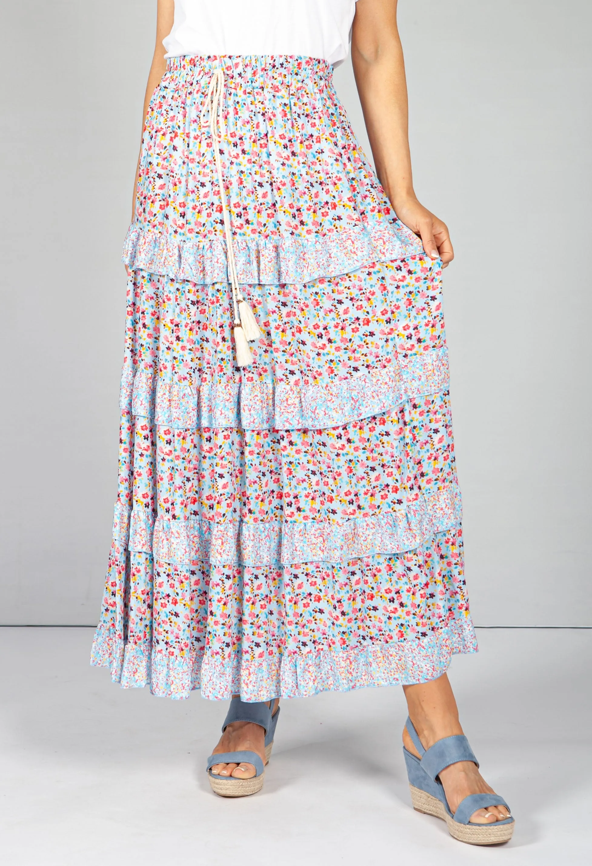 Blue & Pink Floral Maxi Skirt