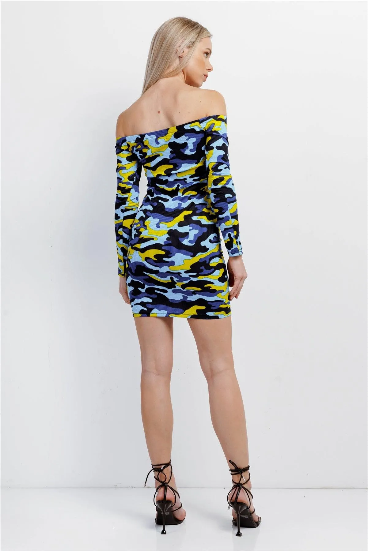 Blue Multicolor Camo Ribbed Off-The-Shoulder Button Down Bodycon Mini Dress /2-2-2