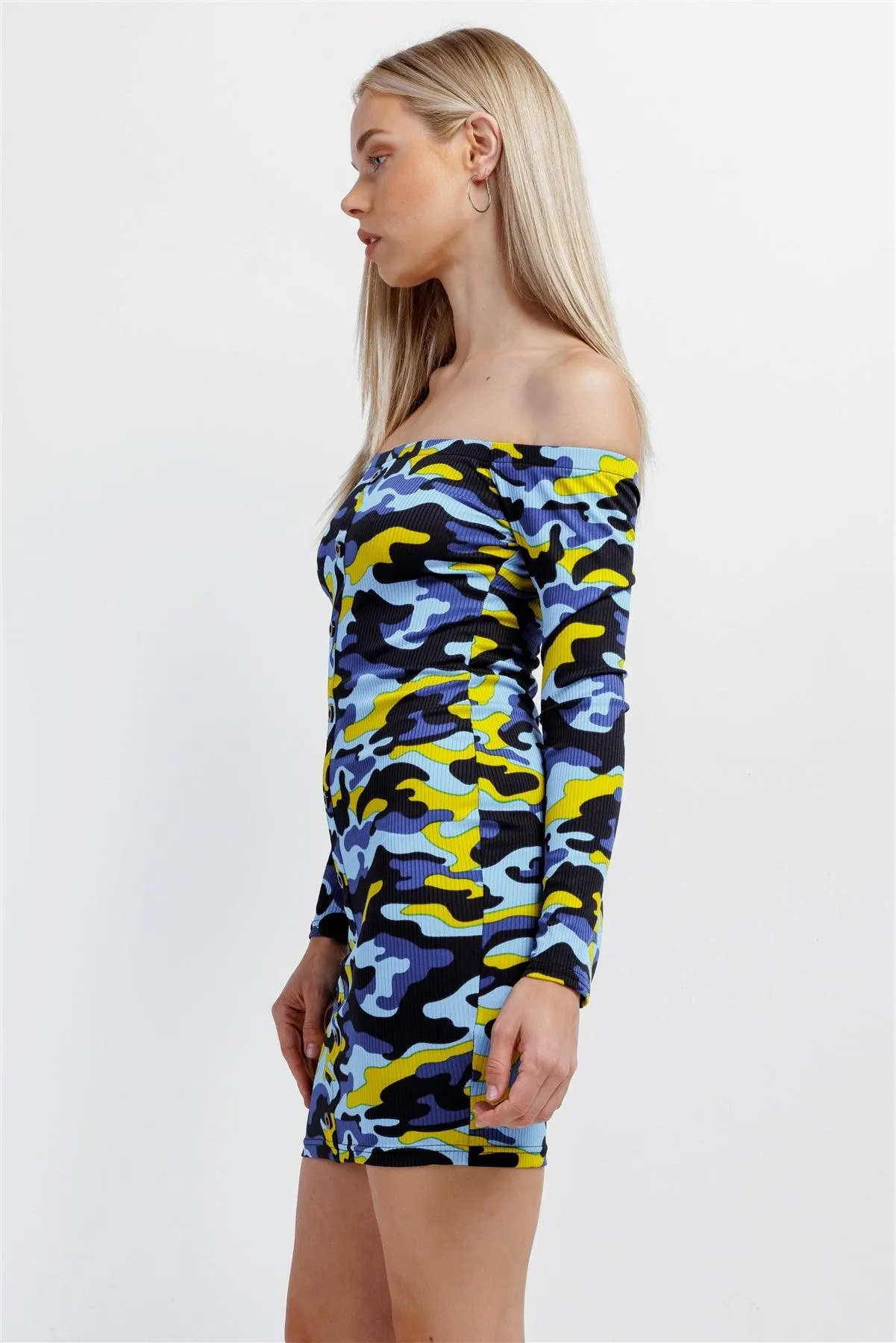 Blue Multicolor Camo Ribbed Off-The-Shoulder Button Down Bodycon Mini Dress /2-2-2