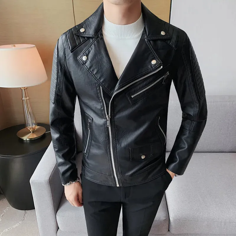 Bonsir Autumn New Oblique Zipper Motorcycle Leather Jacket Men Brand Short Slim Fit Lapel Pu Leather Coat Jackets Streetwear 4XL-M
