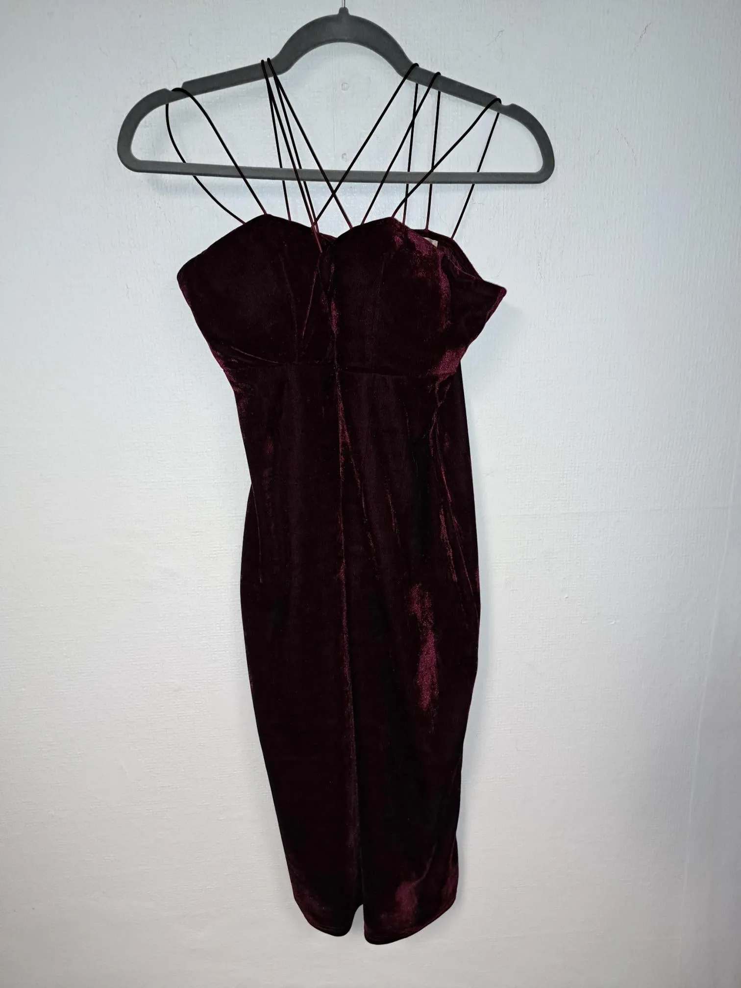 Burgundy velvet bustierre bodycon dress, Rare London, Size 14 (Elastane, Polyester)
