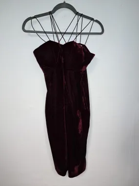 Burgundy velvet bustierre bodycon dress, Rare London, Size 14 (Elastane, Polyester)