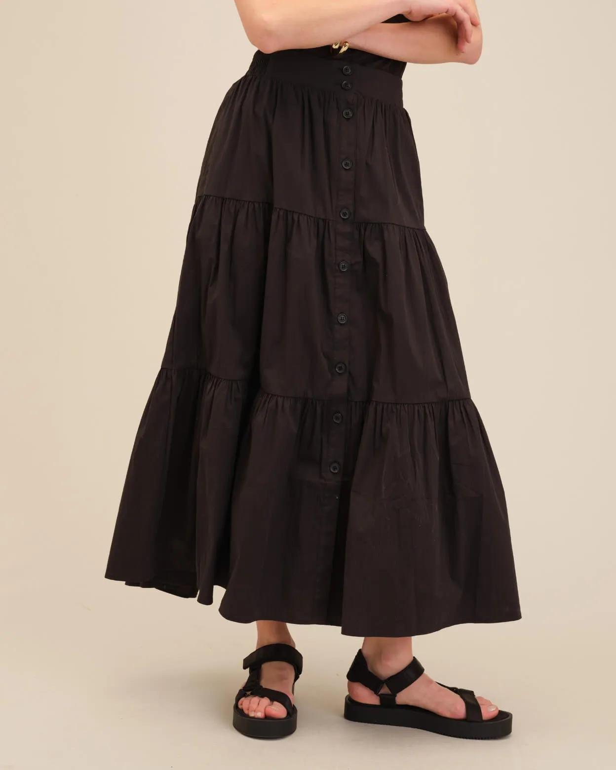 Button-Front Tiered Maxi Skirt