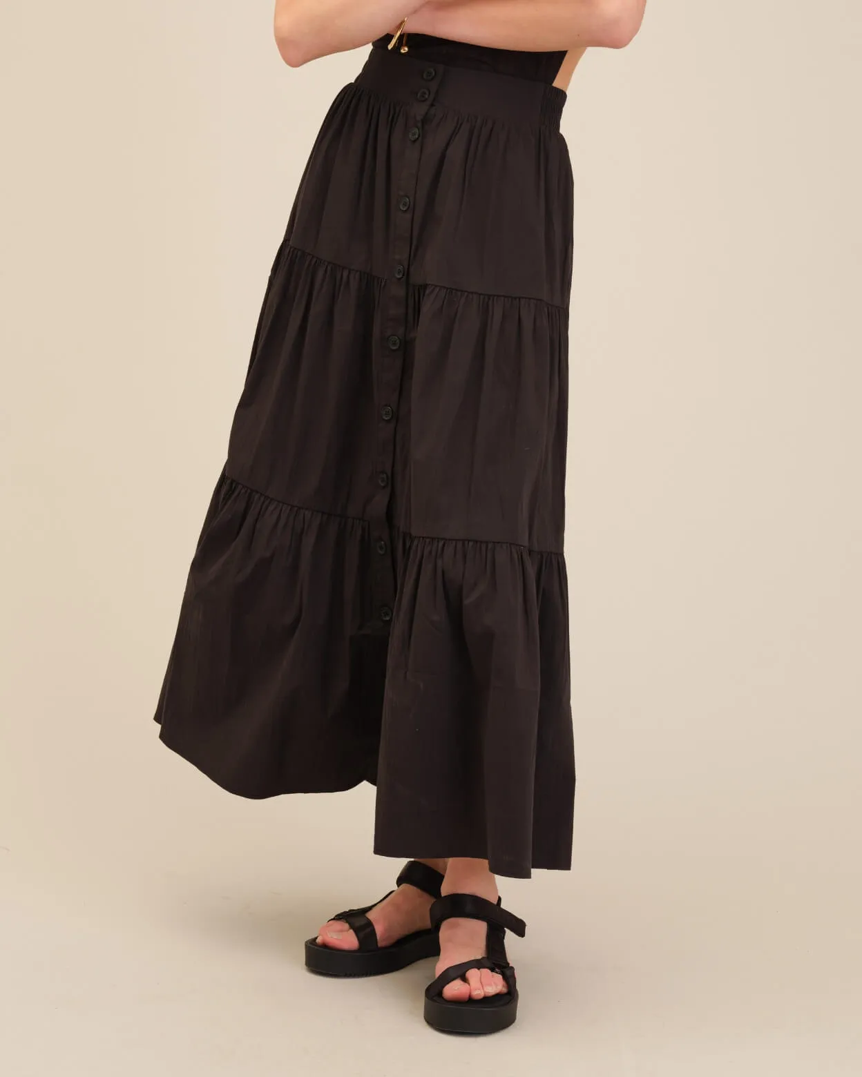 Button-Front Tiered Maxi Skirt