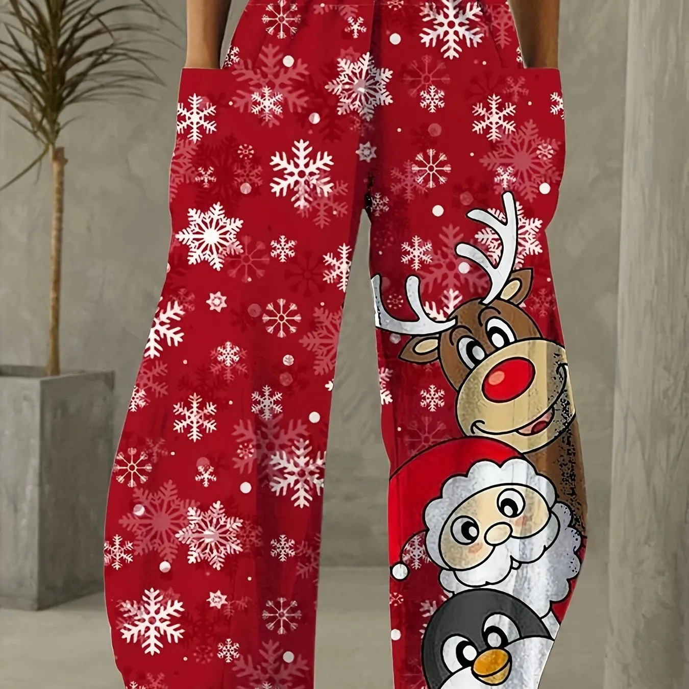 Christmas Snowflake Print Wide Leg Pants - Comfortable, Casual, Everyday Wear for Women, Festive Holiday Clothing, Relaxed Fit, Stylish Bottoms
