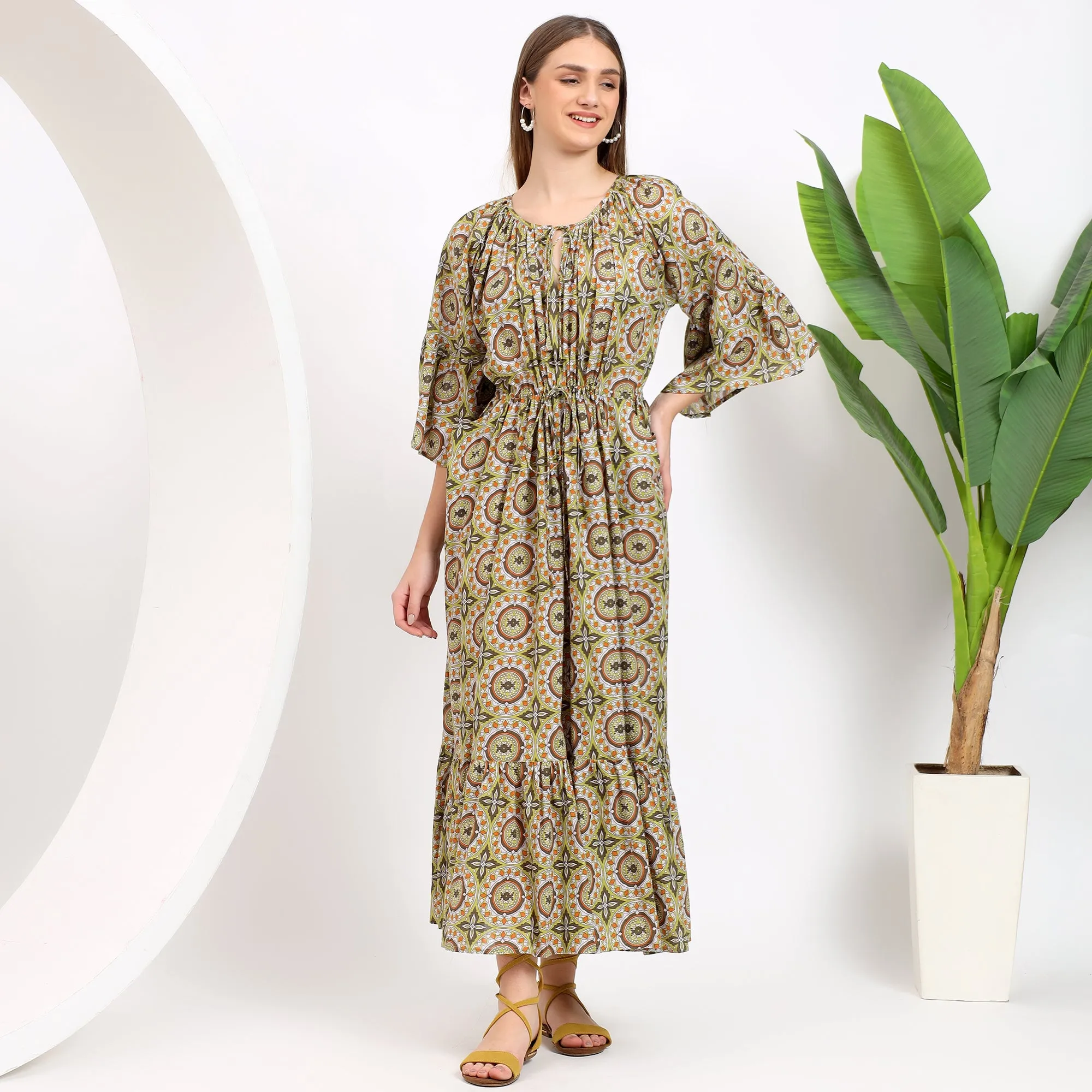 Claudia Mustard Handblock Cotton Maxi Dress
