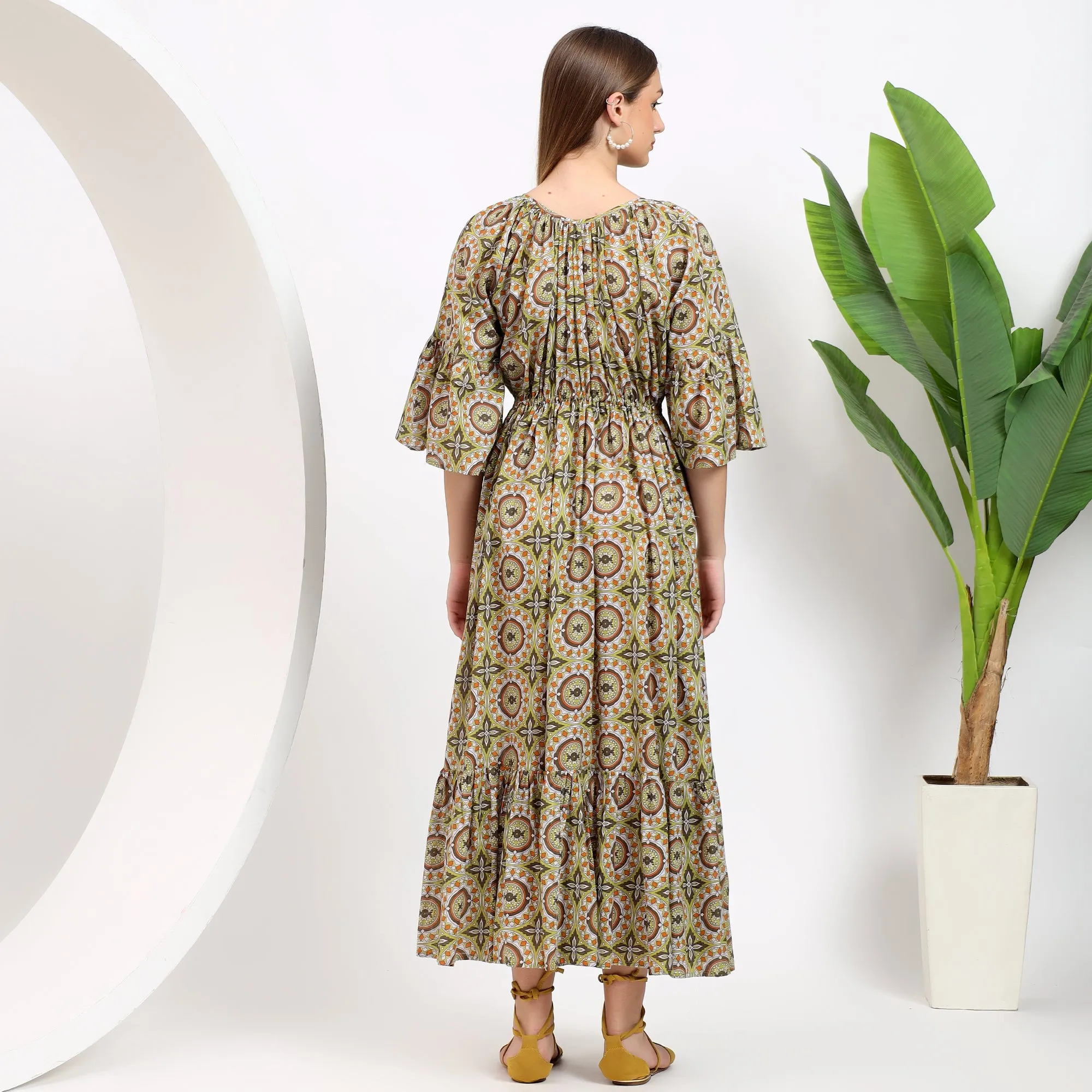 Claudia Mustard Handblock Cotton Maxi Dress