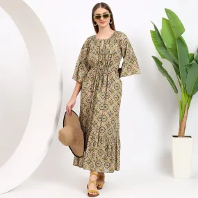 Claudia Mustard Handblock Cotton Maxi Dress