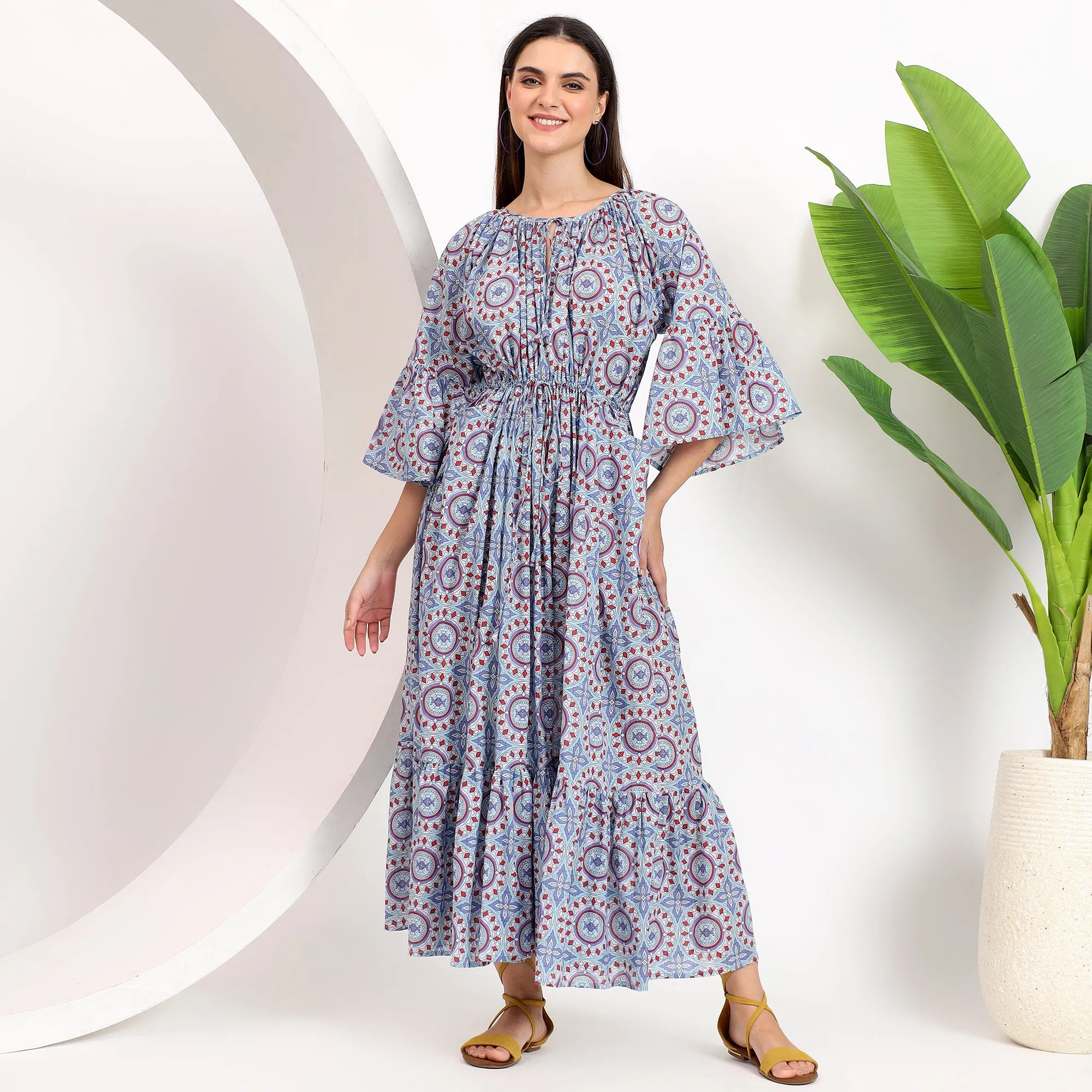 Claudia Mustard Handblock Cotton Maxi Dress