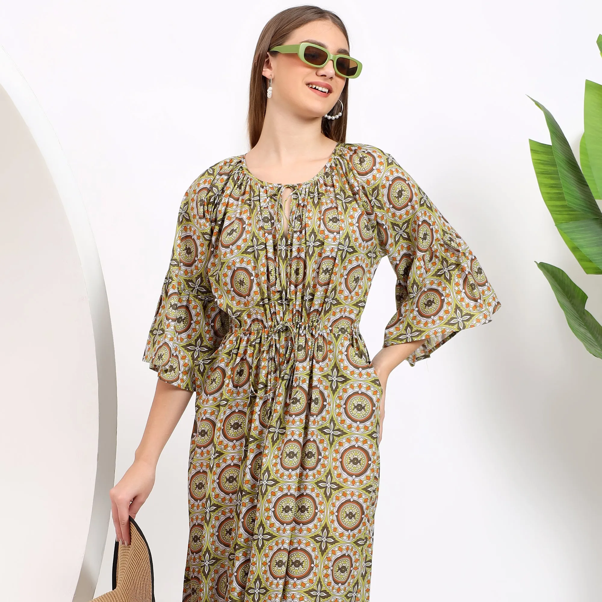 Claudia Mustard Handblock Cotton Maxi Dress