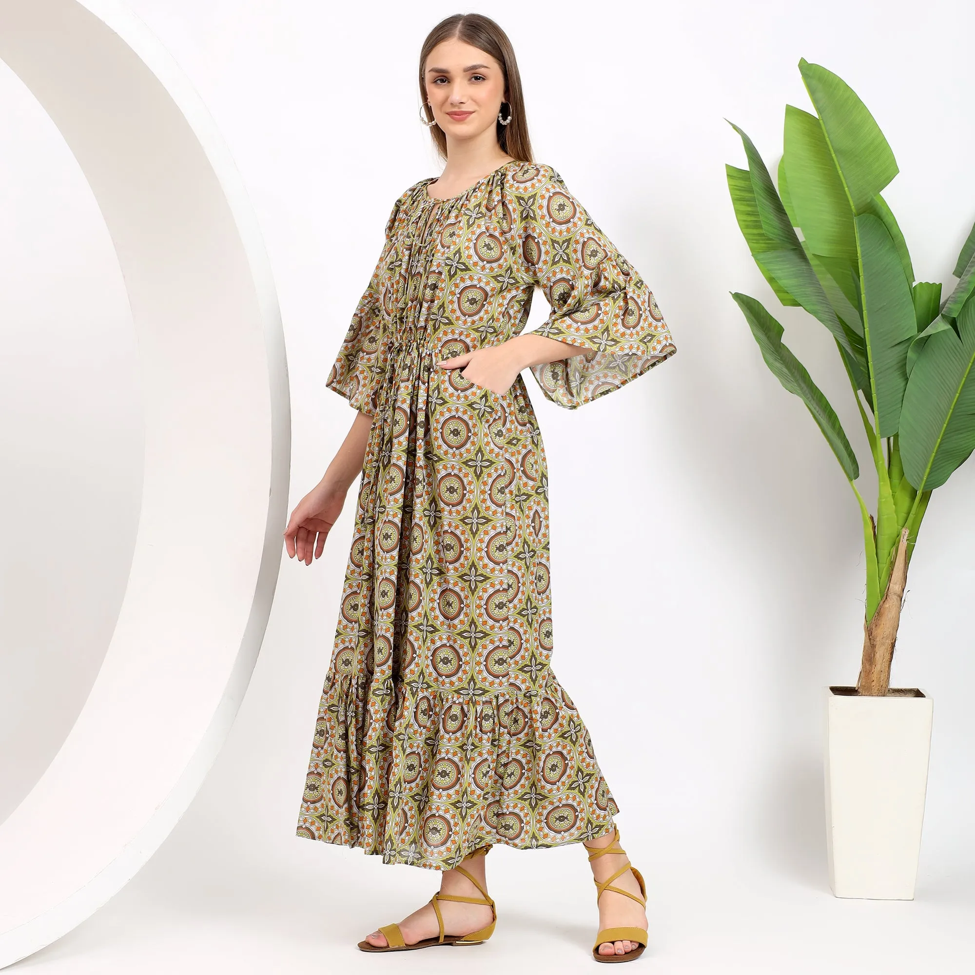 Claudia Mustard Handblock Cotton Maxi Dress