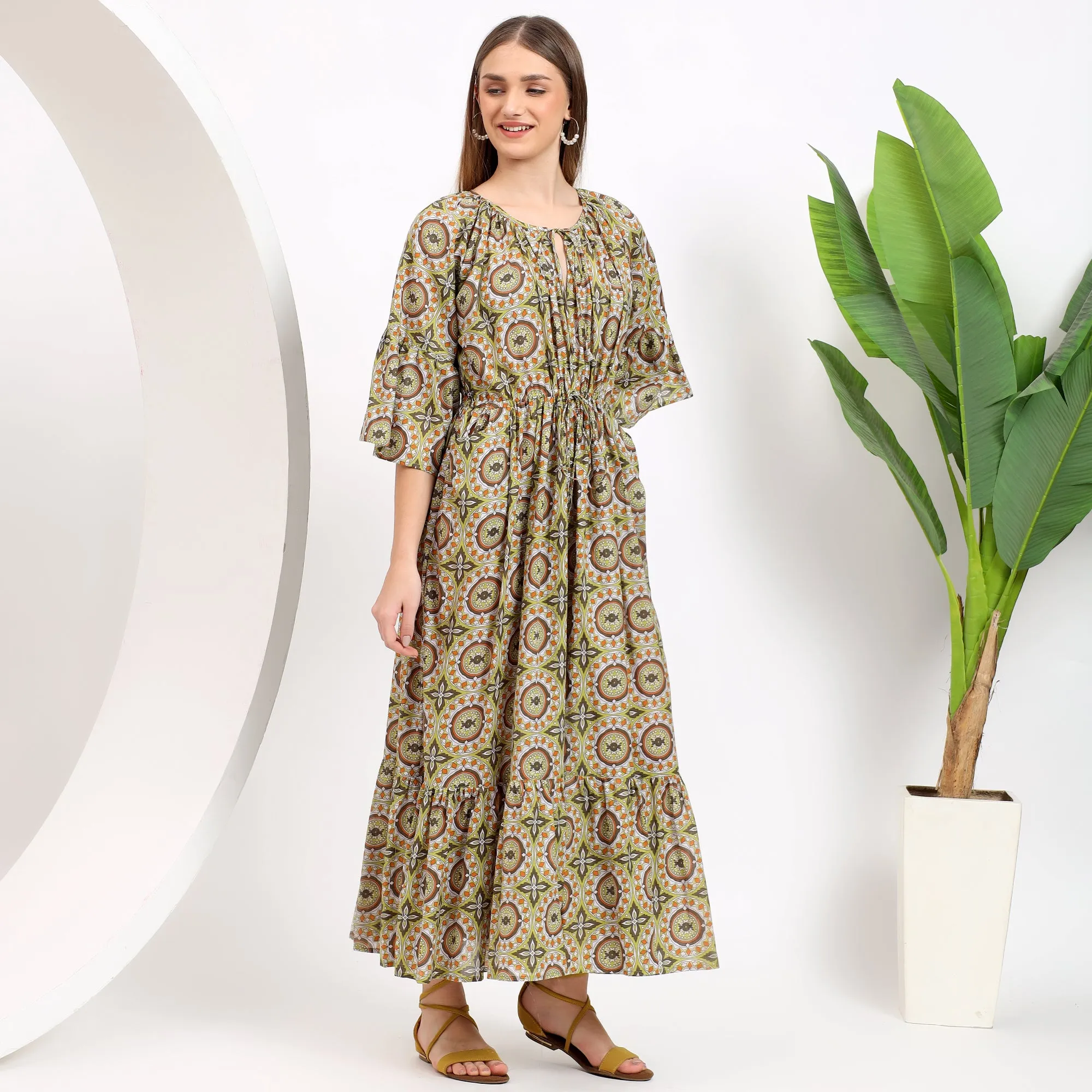 Claudia Mustard Handblock Cotton Maxi Dress