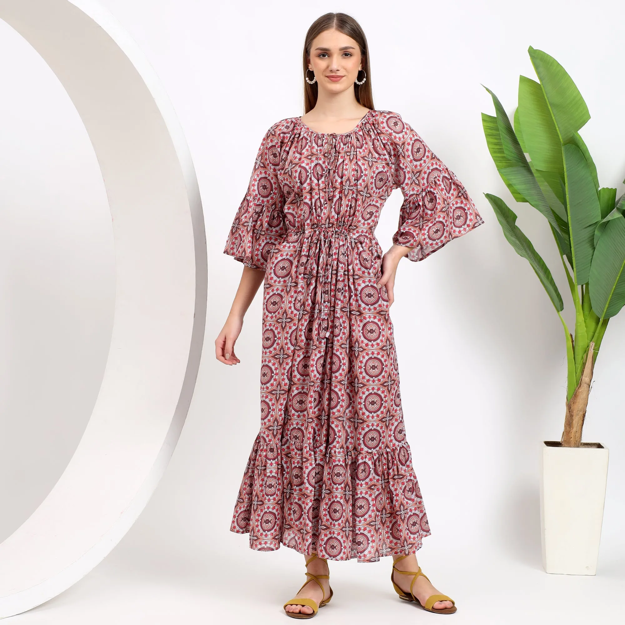 Claudia Mustard Handblock Cotton Maxi Dress