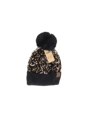 Cluster Sequin Faux Fur Pom Beanie