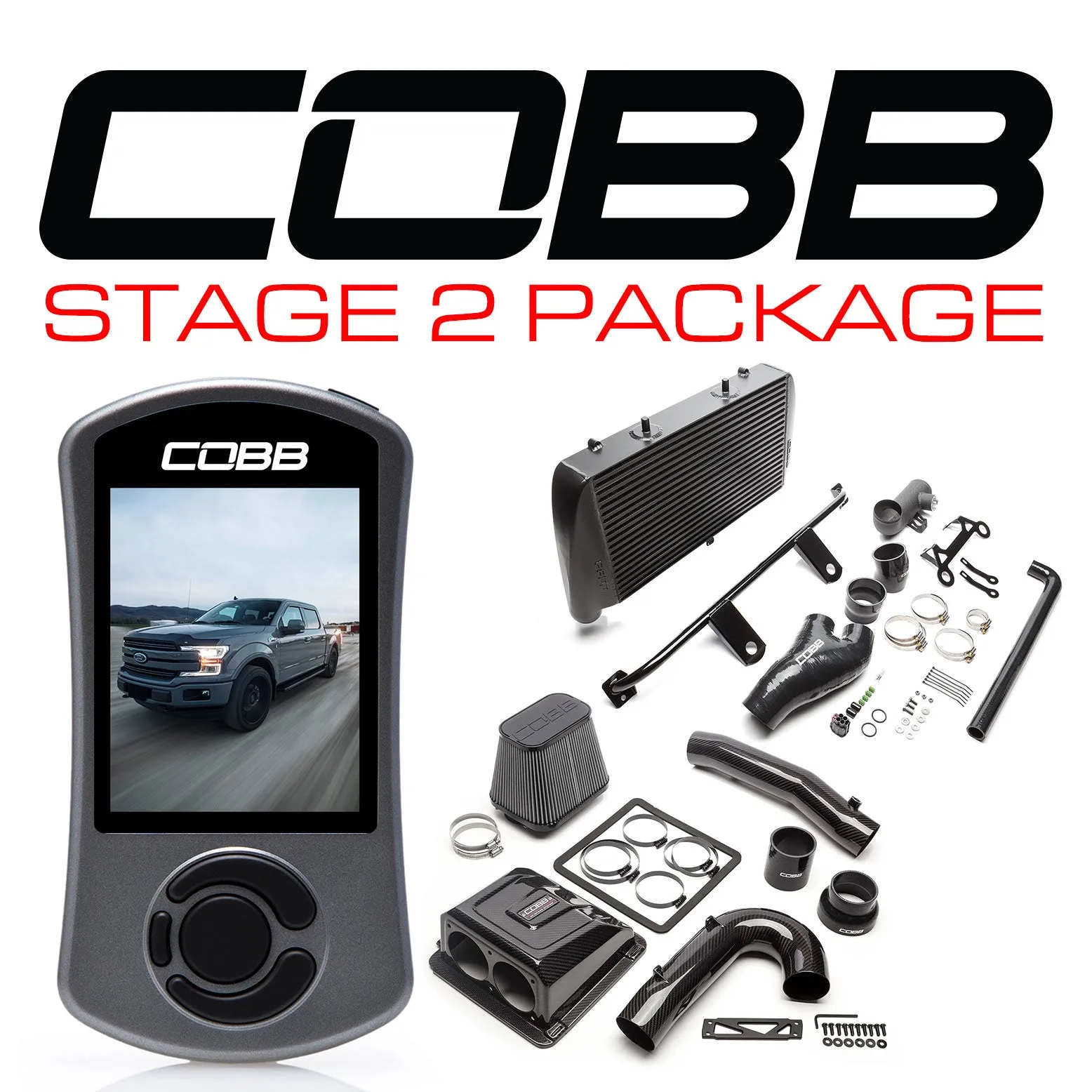 Cobb Tuning  Ford Stage 2 Redline Carbon Fiber Power Package with TCM Black F-150 Ecoboost 3.5L 2017-2019 - FOR0060020BK-TCM-RED