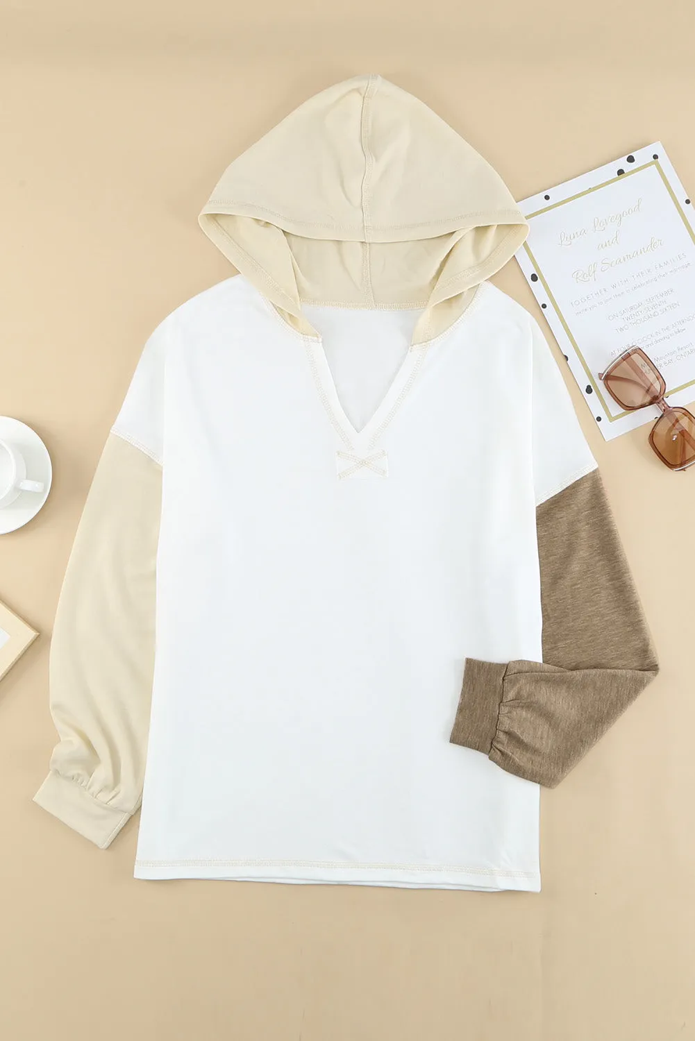 Colorblock V Neck Long Sleeve Hoodie