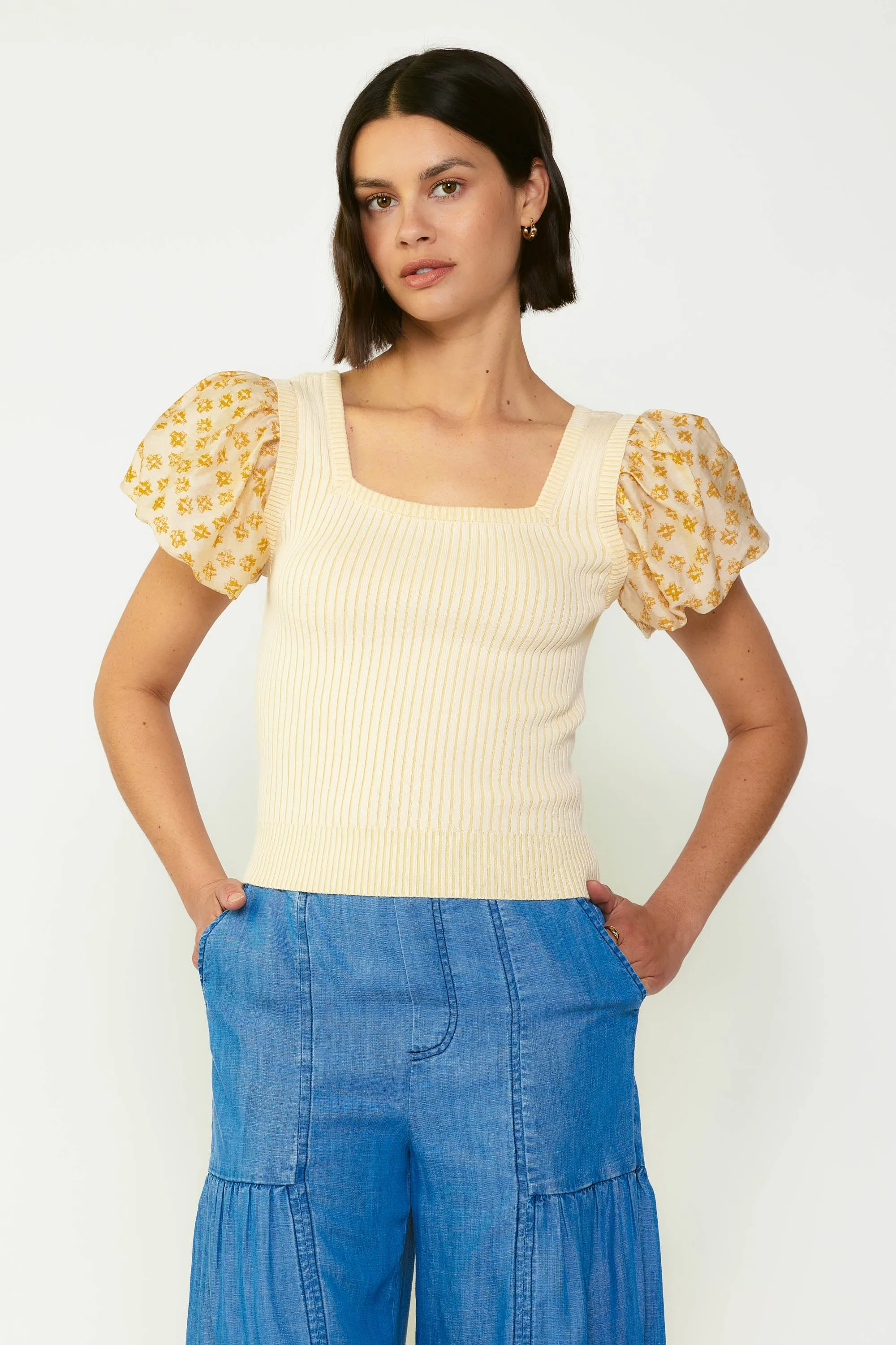 Constrast Puff Sleeve Sweater Top