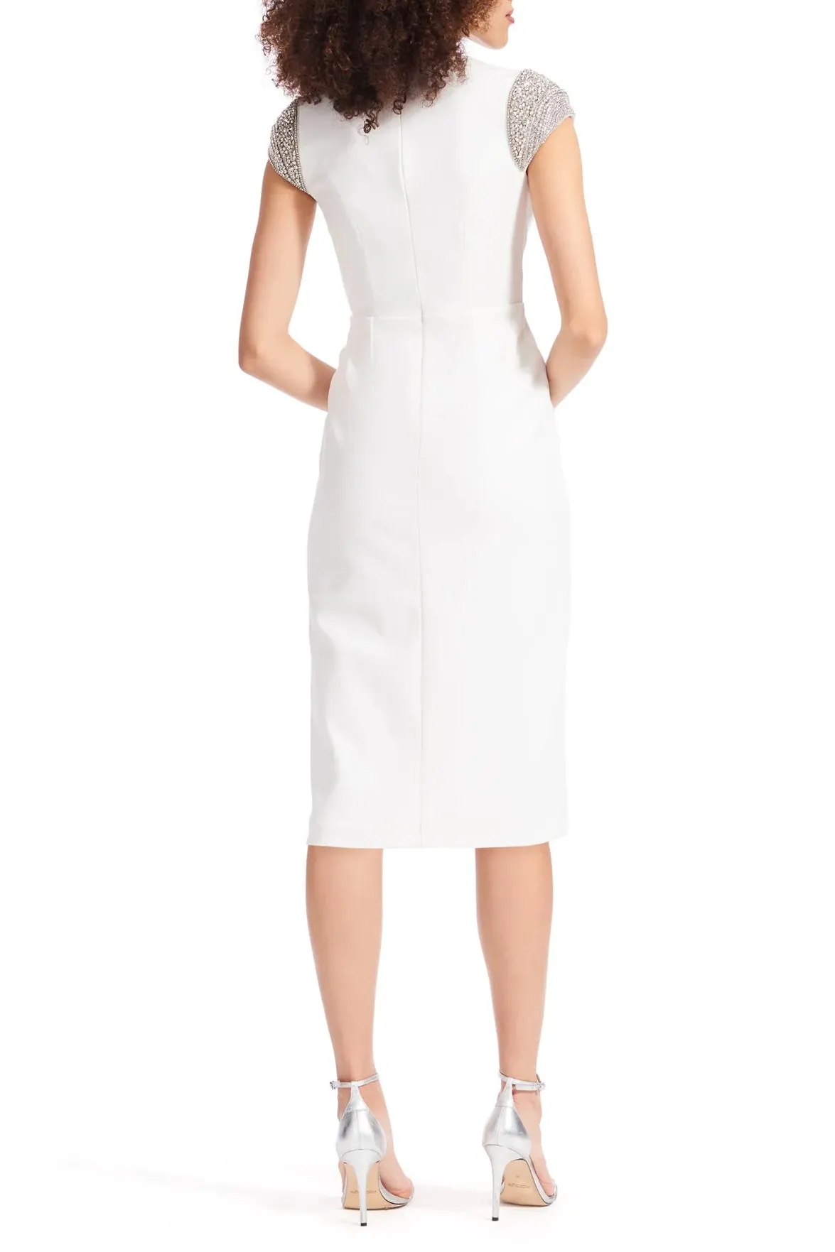 Emily Shalant Crystal Cap Sleeved Stretch Crepe Midi Dress