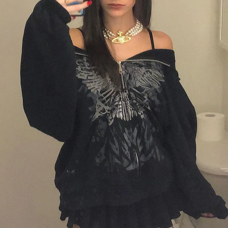 Fashionkova 90s streetwear New Loose Casual Personalized Butterfly Print Zipper Long Sleeve Hooded Sweater Women's Coat