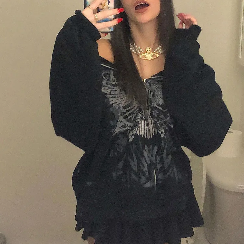 Fashionkova 90s streetwear New Loose Casual Personalized Butterfly Print Zipper Long Sleeve Hooded Sweater Women's Coat