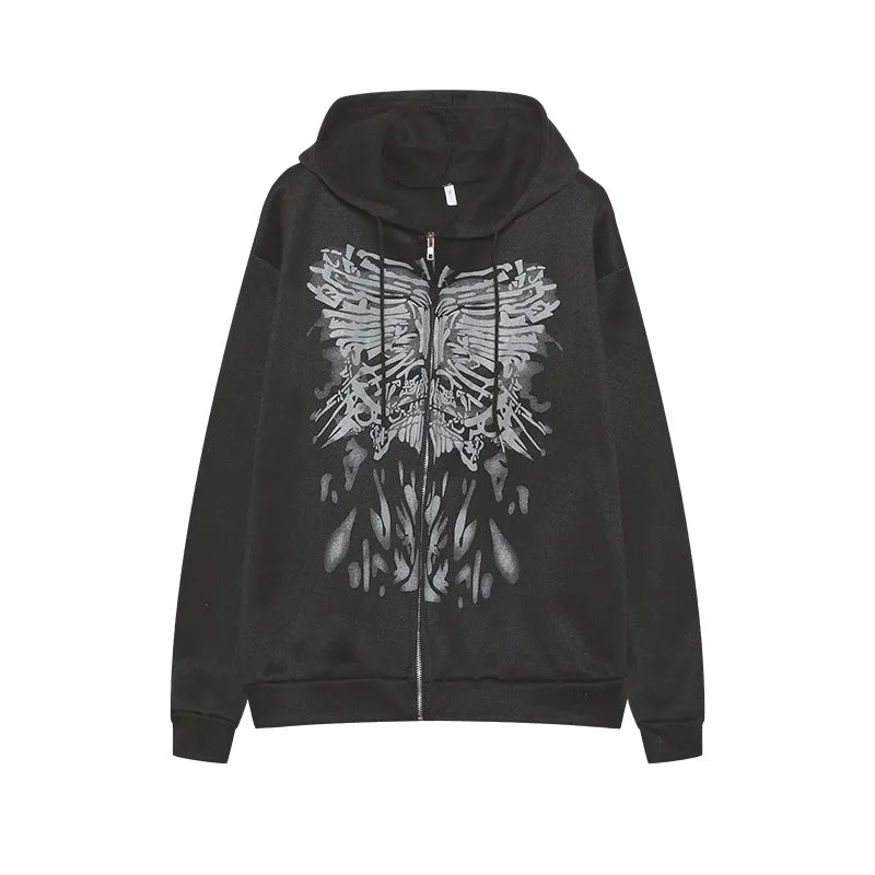 Fashionkova 90s streetwear New Loose Casual Personalized Butterfly Print Zipper Long Sleeve Hooded Sweater Women's Coat
