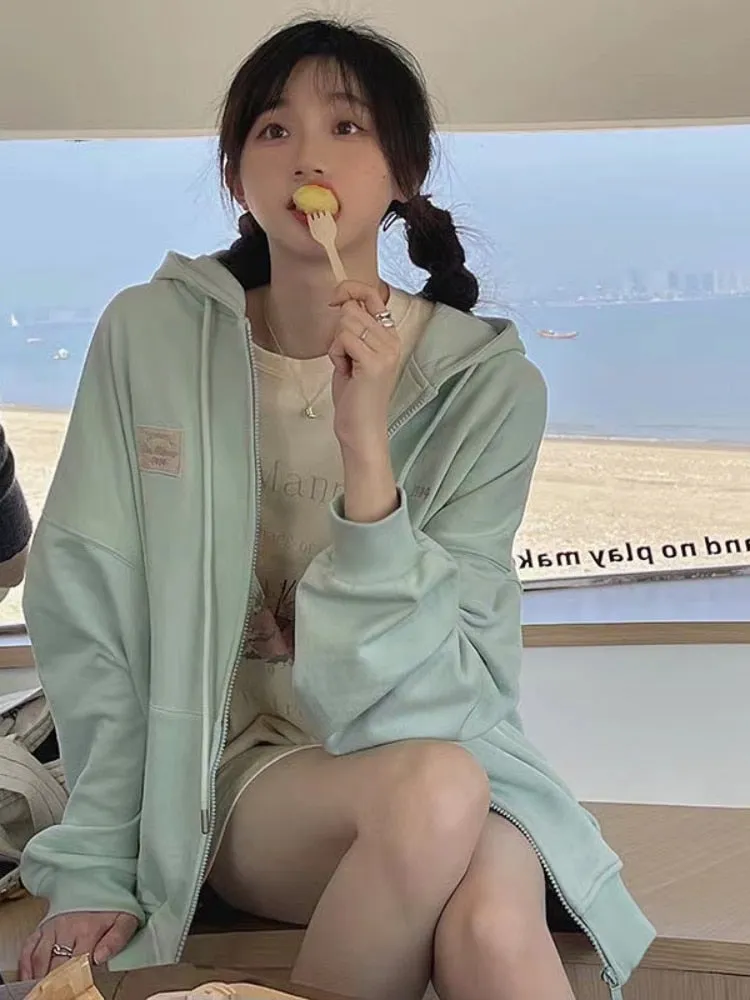 Fashionkova  Harajuku Green Zip Up Oversized Hoodies Women Hippie Loose Sweatshirts Casual Long Sleeve Tops Jacket Coat Korean Style