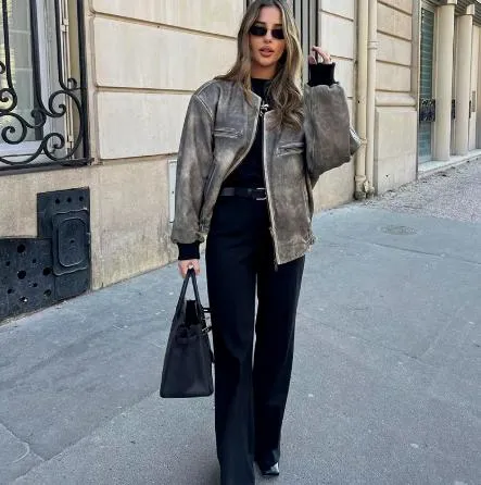 Fashionkova Women Fashion Solid Round Neck Zipper Jacket Elegant Long Sleeves Pocket Loose Coat 2024 New Autumn Female Commuting Streetwear