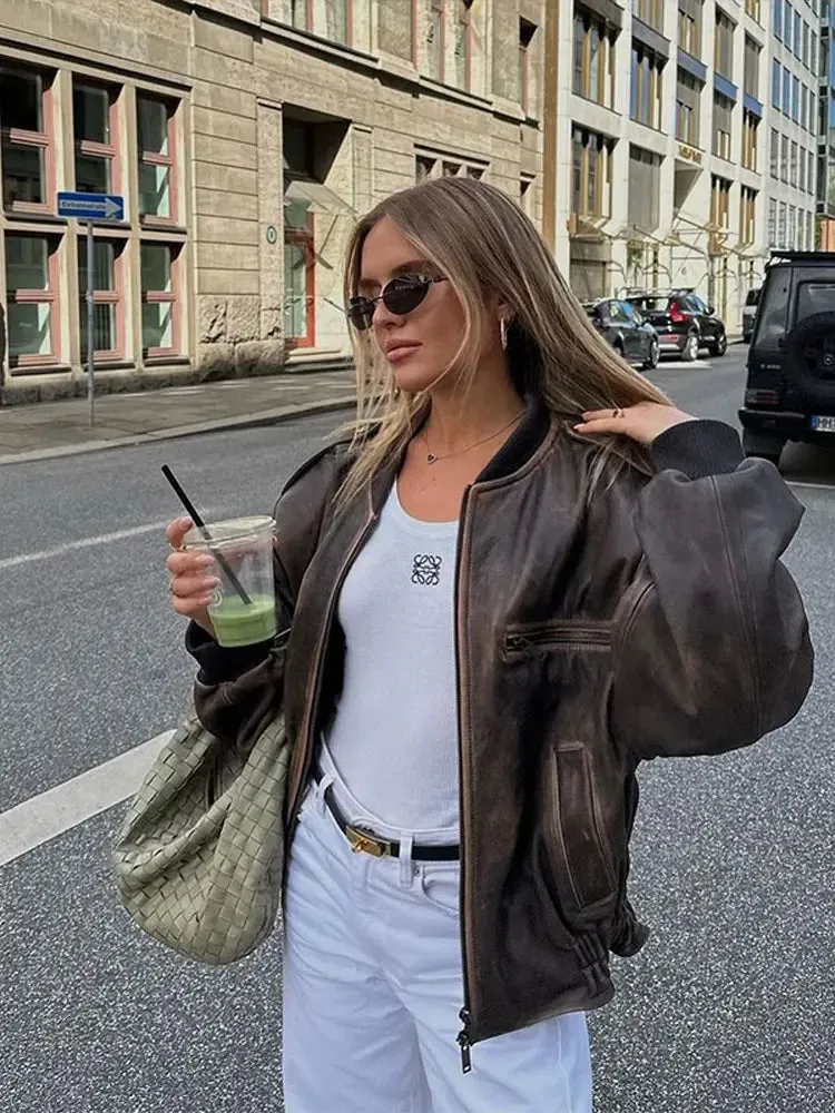 Fashionkova Women Fashion Solid Round Neck Zipper Jacket Elegant Long Sleeves Pocket Loose Coat 2024 New Autumn Female Commuting Streetwear