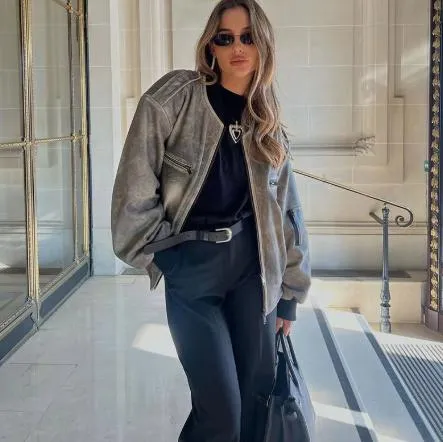 Fashionkova Women Fashion Solid Round Neck Zipper Jacket Elegant Long Sleeves Pocket Loose Coat 2024 New Autumn Female Commuting Streetwear