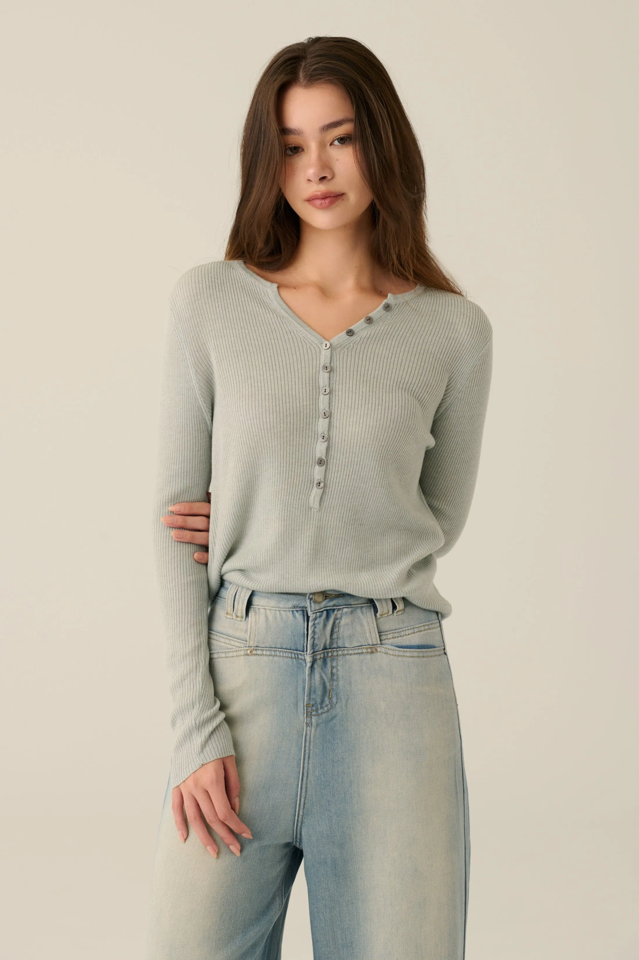 Feels just right button down knit top