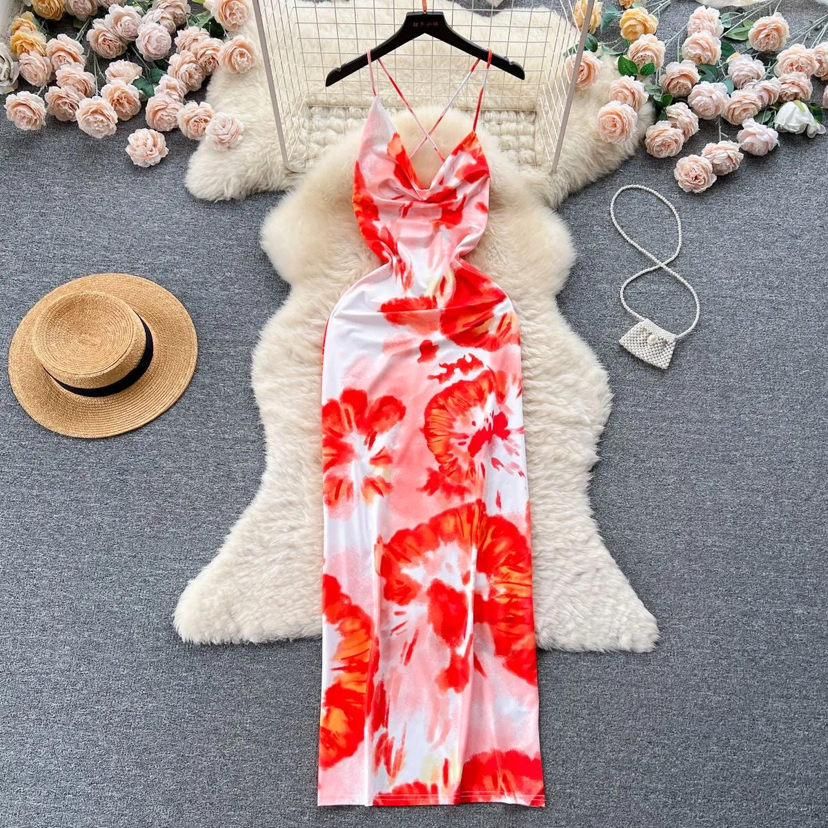 Fiery Bloom Maxi Dress – Sleeveless Bodycon