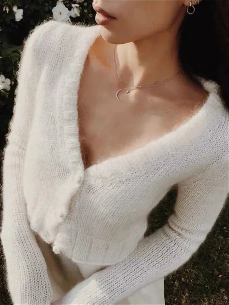 Flytonn V-Neck Knitwear Sweater Cardigan For Women Cropped Long Sleeve Streetwear Sexy Cropped Knit Outwear Women's Patchwork Coat