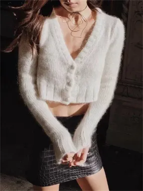 Flytonn V-Neck Knitwear Sweater Cardigan For Women Cropped Long Sleeve Streetwear Sexy Cropped Knit Outwear Women's Patchwork Coat