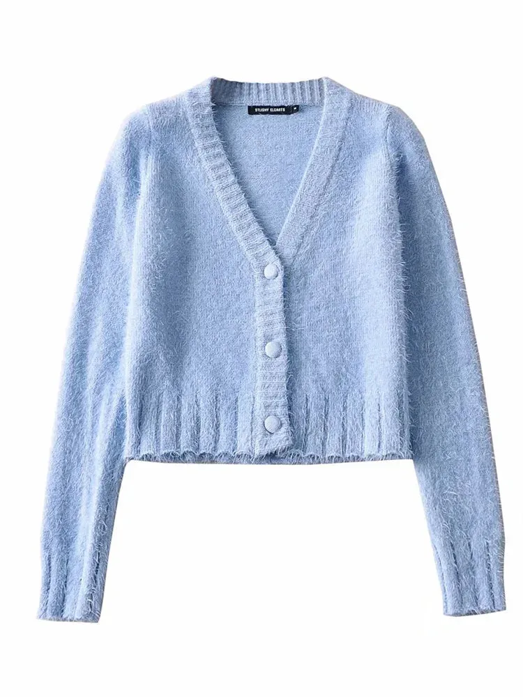 Flytonn V-Neck Knitwear Sweater Cardigan For Women Cropped Long Sleeve Streetwear Sexy Cropped Knit Outwear Women's Patchwork Coat
