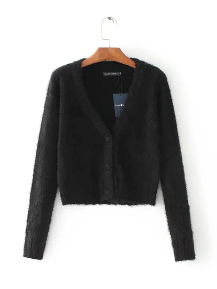 Flytonn V-Neck Knitwear Sweater Cardigan For Women Cropped Long Sleeve Streetwear Sexy Cropped Knit Outwear Women's Patchwork Coat
