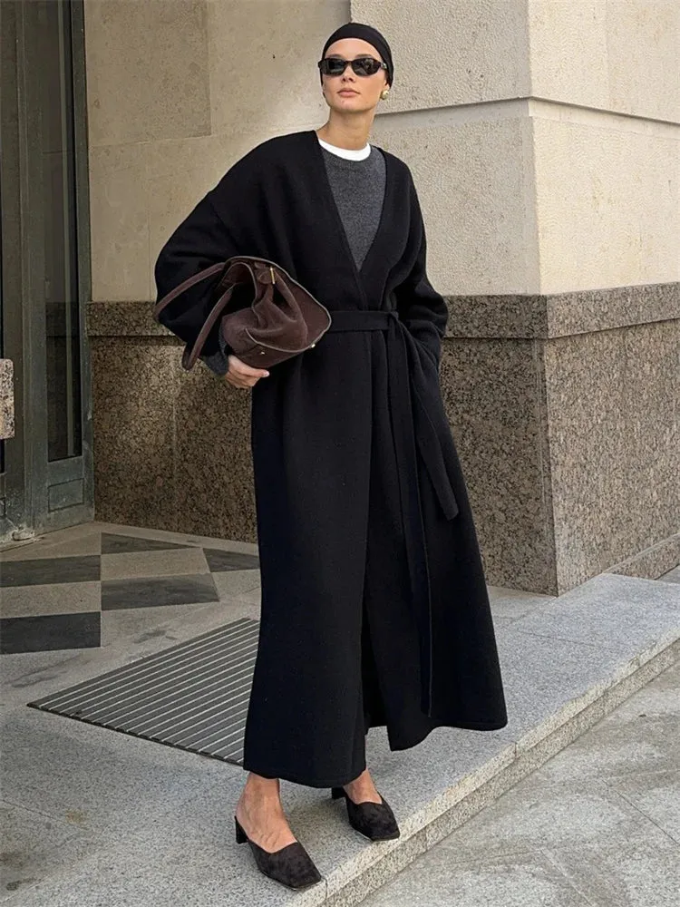 Flytonn Winter Oversized Sweater Cardigan Female Loose Lace-Up Knit Long Sleeve High Waist Outwear Streetwear Women Knitwear Coat