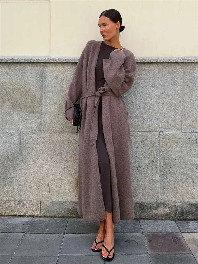 Flytonn Winter Oversized Sweater Cardigan Female Loose Lace-Up Knit Long Sleeve High Waist Outwear Streetwear Women Knitwear Coat