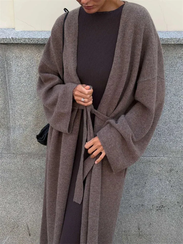 Flytonn Winter Oversized Sweater Cardigan Female Loose Lace-Up Knit Long Sleeve High Waist Outwear Streetwear Women Knitwear Coat