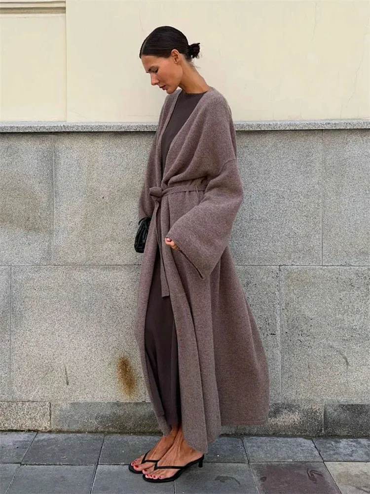 Flytonn Winter Oversized Sweater Cardigan Female Loose Lace-Up Knit Long Sleeve High Waist Outwear Streetwear Women Knitwear Coat