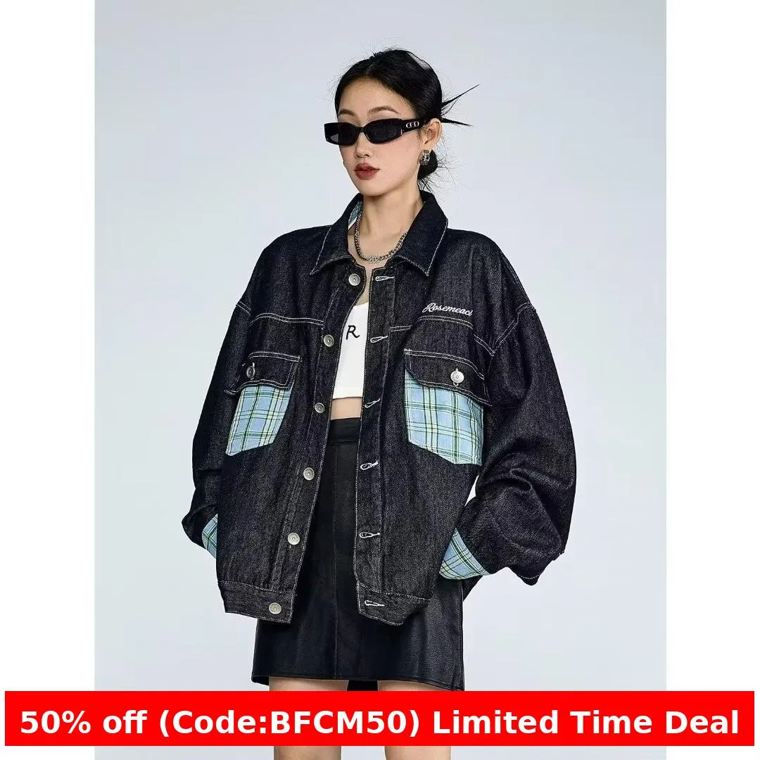 Flytonnshop 90s streetwear American Plaid Pocket Stitching Denim Coat Women's Spring and Autumn Tangram Contrast Color Couple Lapel Jacket Fashion