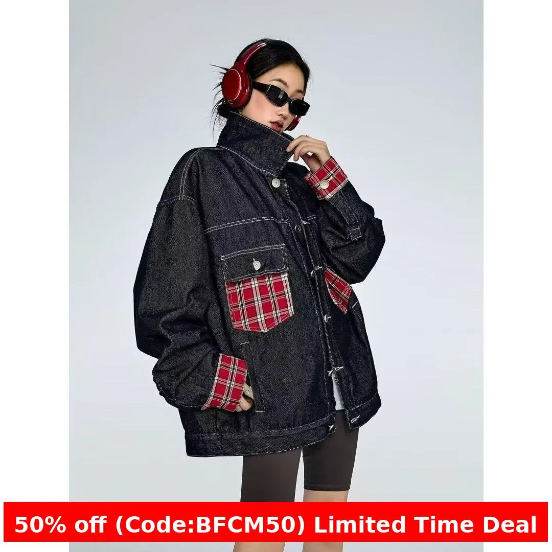 Flytonnshop 90s streetwear American Plaid Pocket Stitching Denim Coat Women's Spring and Autumn Tangram Contrast Color Couple Lapel Jacket Fashion